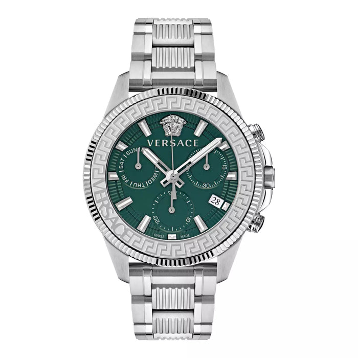 Versace Greca Action Chronograph Quartz Green Dial Silver Steel Strap Men's Watch - VE3J00422