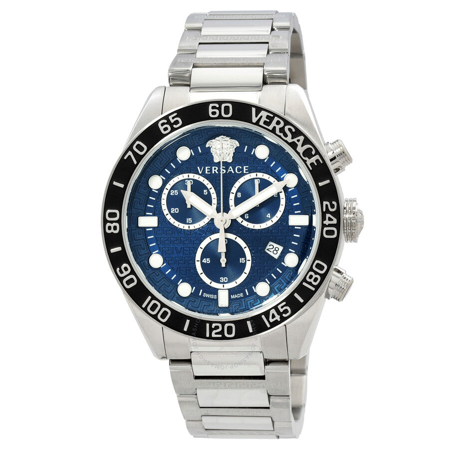 Versace Greca Dome Swiss Movt Chronograph Blue Dial Silver Watch - VE6K00323