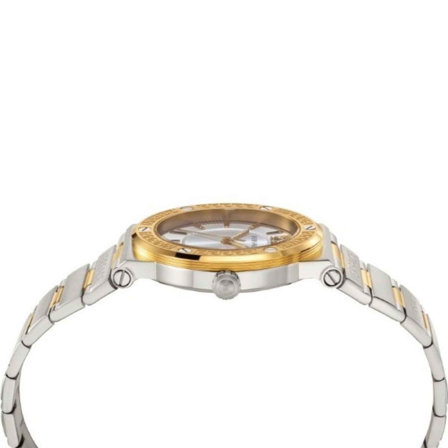 Top-down angle view of Versace Greca Logo watch showing gold bezel detail and dial