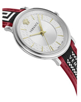 Versace V Circle Silver Dial Two Tone Leather Strap Men's Watch - VEBQ01319