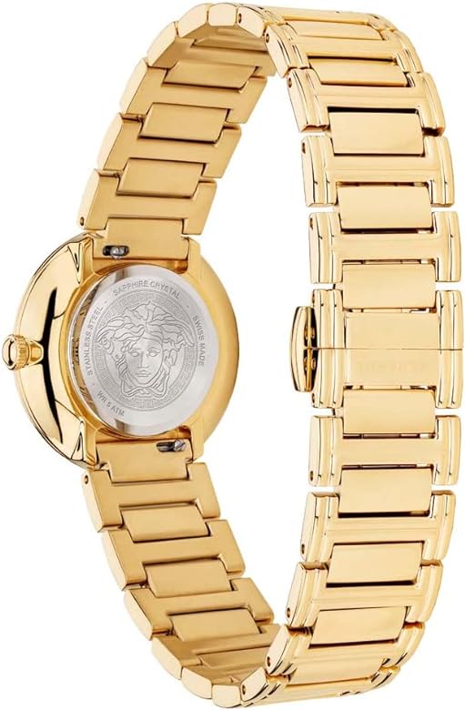 Versace Virtus Mini gold watch shown from side with bracelet strap and caseback detail
