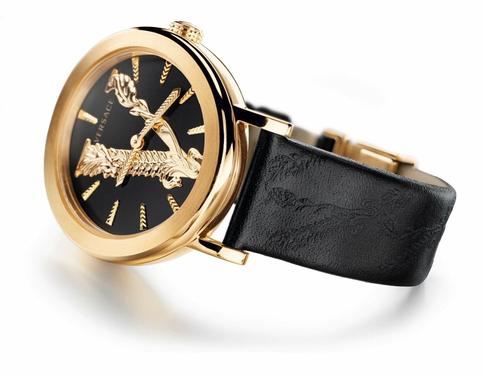 Versace Virtus watch on wrist displaying black dial with gold accent elements