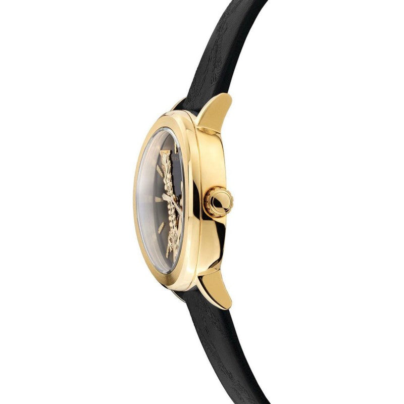 Side profile of Versace Virtus watch showing gold case and black leather strap