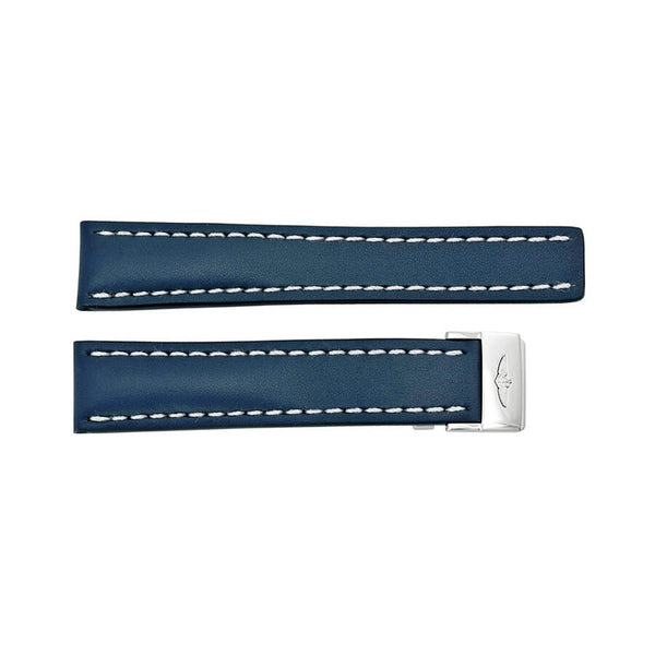 Breitling Watch Band Strap styled in Blue Leather and White Stitching with a deployment  Buckle 20-18mm#115X-A18D.1 - Watches of America