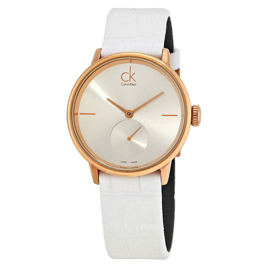 Calvin Klein Accent Silver Dial White Leather Ladies Watch