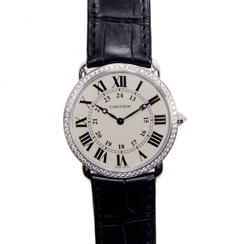 Cartier Ronde Louis Large Model Diamond Bezel Silver Dial 18 kt