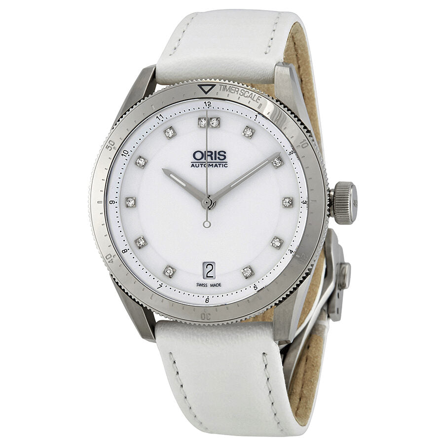 Oris Artix GT Date Diamonds White Dial White Leather Ladies Watch