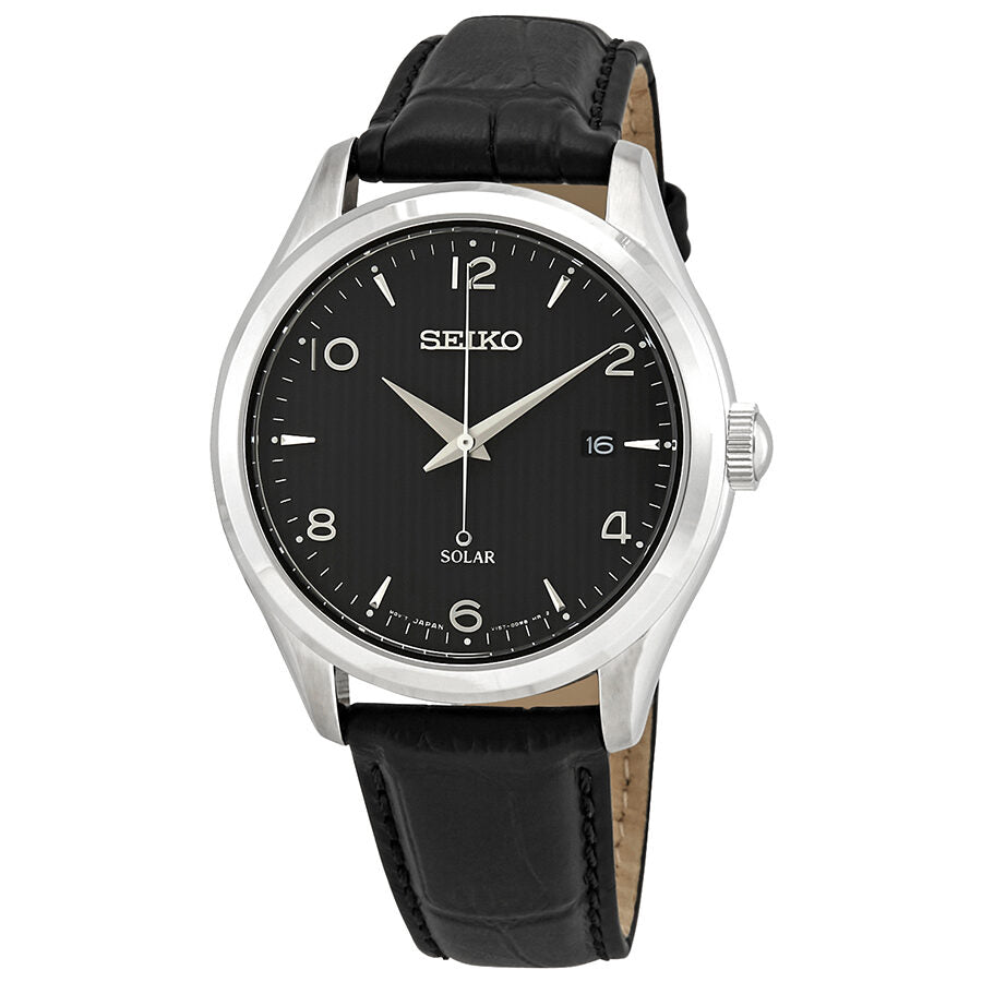 Seiko Solar Date Black Dial Black Leather Men s Watch SNE495 Watches of America