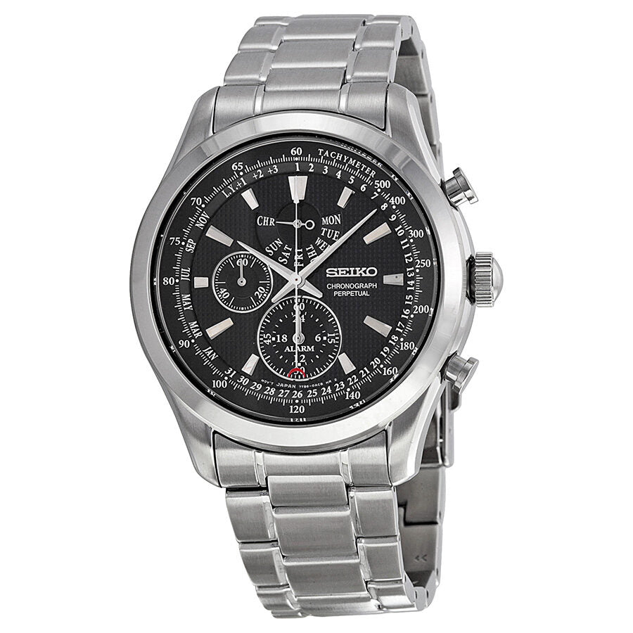 Seiko Neo Classic Alarm Perpetual Black Dial Men's Watch #SPC125 - Watches of America