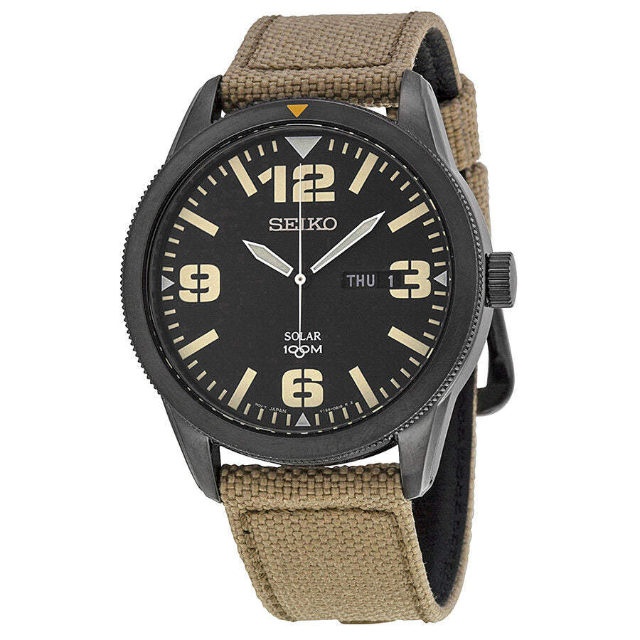 Seiko Solar Black Dial Beige Nylon Men's Watch #SNE331 - Watches of America