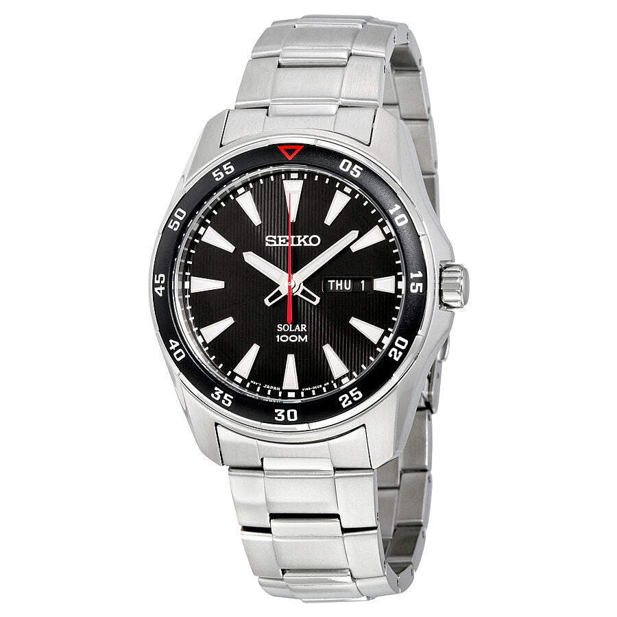 Seiko Solar Black Dial Stainless Steel Men's Watch #SNE393 - Watches of America