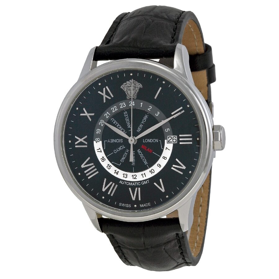 Versace Business Automatic GMT Black Dial Black Leather Men's 