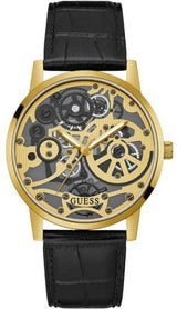 Guess Reloj para hombre de cuero negro en tono dorado GW0570G1