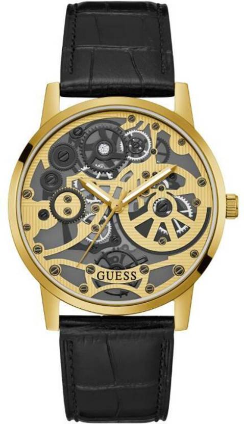 Guess Reloj para hombre de cuero negro en tono dorado GW0570G1