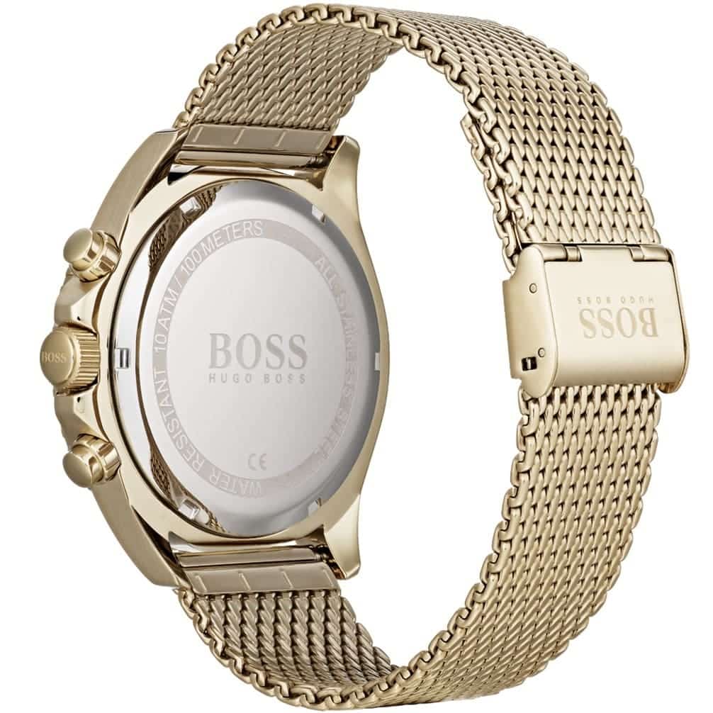 Gold watch with mesh band featuring BOSS logo on a white background