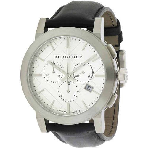 Burberry Reloj cronógrafo para hombre con esfera plateada y correa de piel negra BU9355