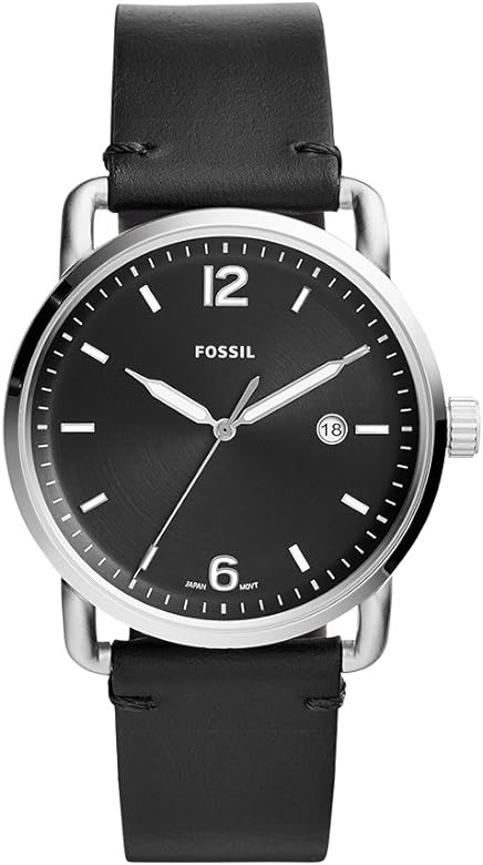 Fossil Commuter Reloj de hombre de cuero negro con fecha de tres manecillas FS5406