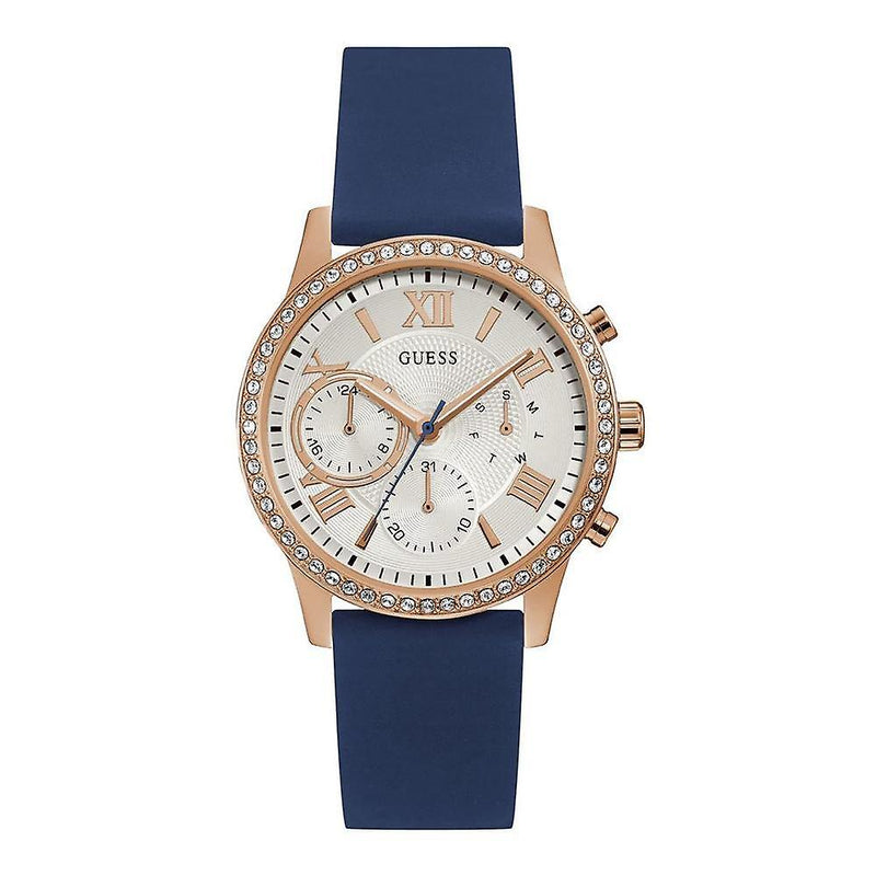 Guess Crystal Silver Dial Azul Silicona Ladies Watch W1135L3