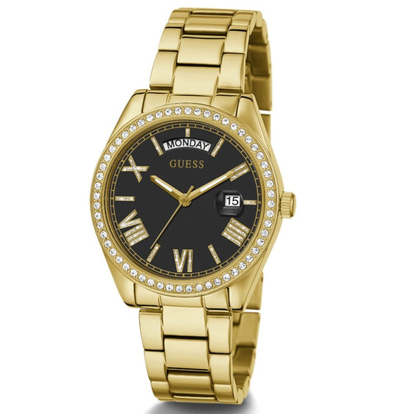 Guess Luna Reloj para mujer con esfera negra en tono dorado GW0307L2