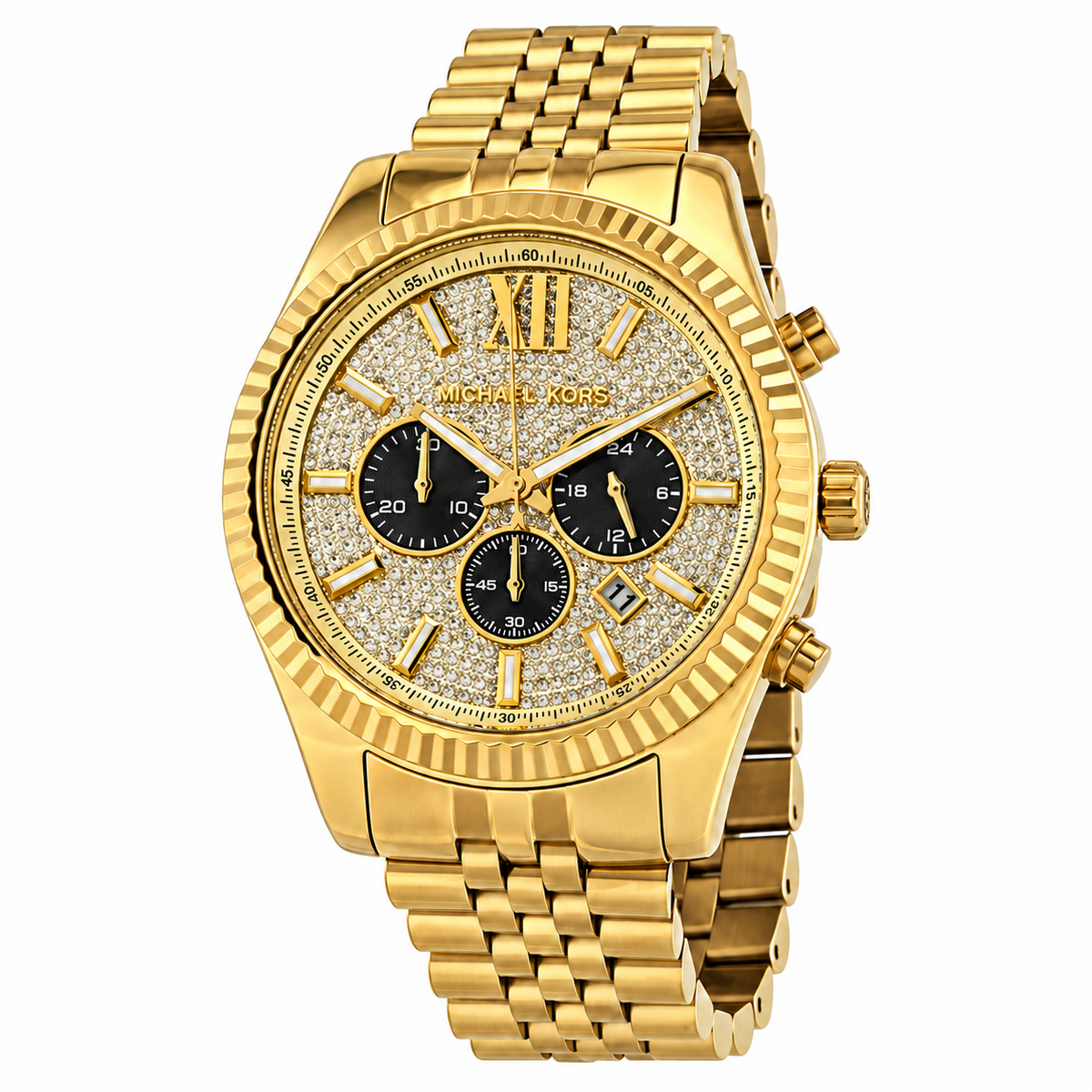 Michael Kors gold-tone chronograph watch with a diamond-encrusted dial, black subdials, and a matching gold-tone link bracelet on a white background.