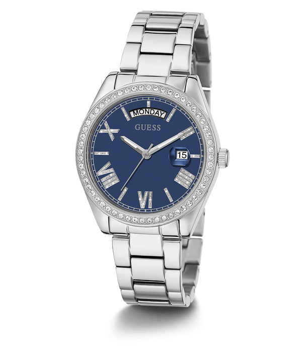 Reloj Guess Luna para mujer con esfera azul y caja plateada GW0307L1