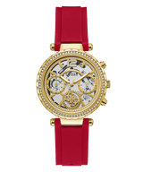 Reloj Guess para mujer con correa de caucho rojo y caja dorada GW0484L1