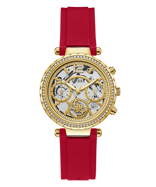 Reloj Guess para mujer con correa de caucho rojo y caja dorada GW0484L1