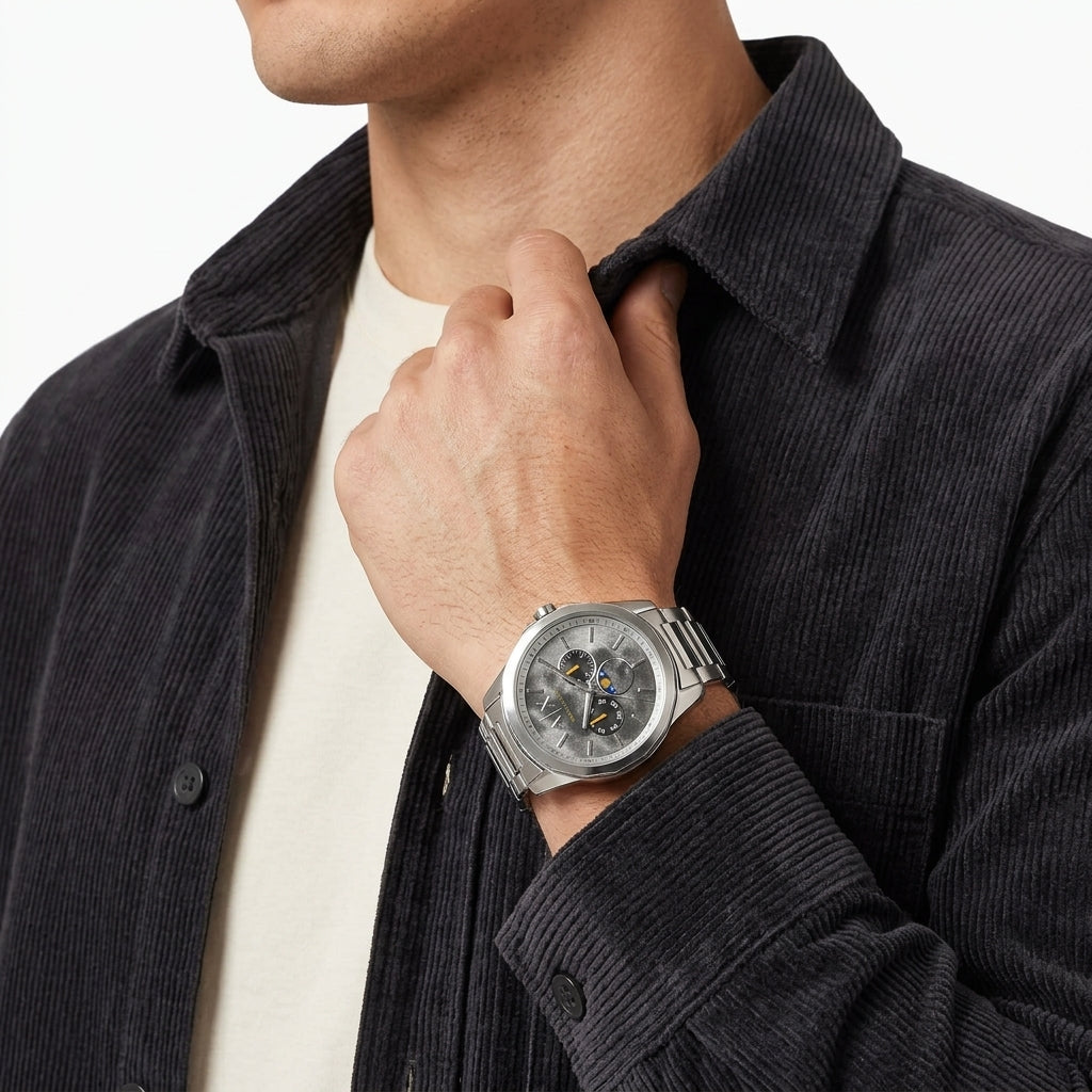 A close-up of a man wearing a silver-toned skeleton watch with a metal link bracelet, styled over a dark corduroy overshirt and a white t-shirt.