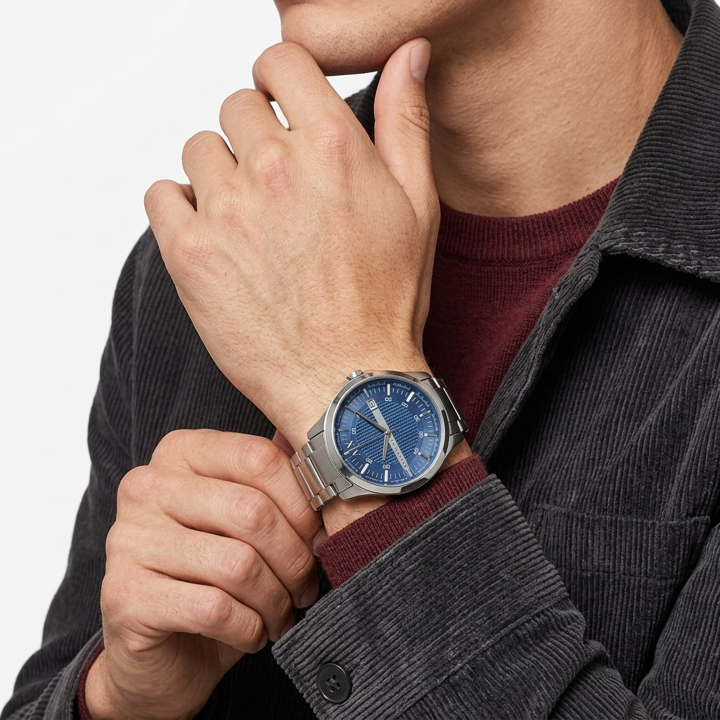 Armani Exchange Blue Textured Dial Silver Men's Watch - AX2132