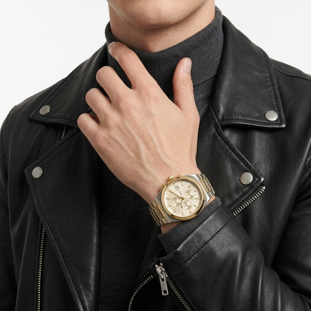 A close-up of a man wearing a gold-tone and stainless steel wristwatch with a beige dial, styled with a black leather jacket and dark gray turtleneck sweater.