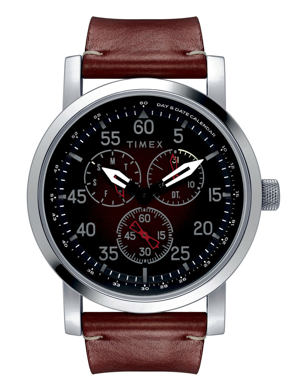 Timex Men's 44mm Silver-tone Case/Blk Dial Leather Strap Watch-0