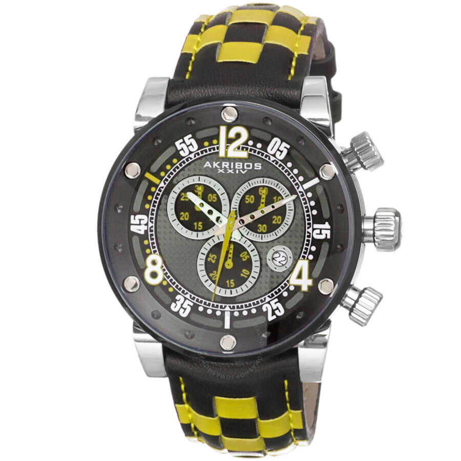 Akribos XXIV Explorer Chronograph Steel Black and White Checkered Leather Strap Watch AK612YL - The Watches Men & Co