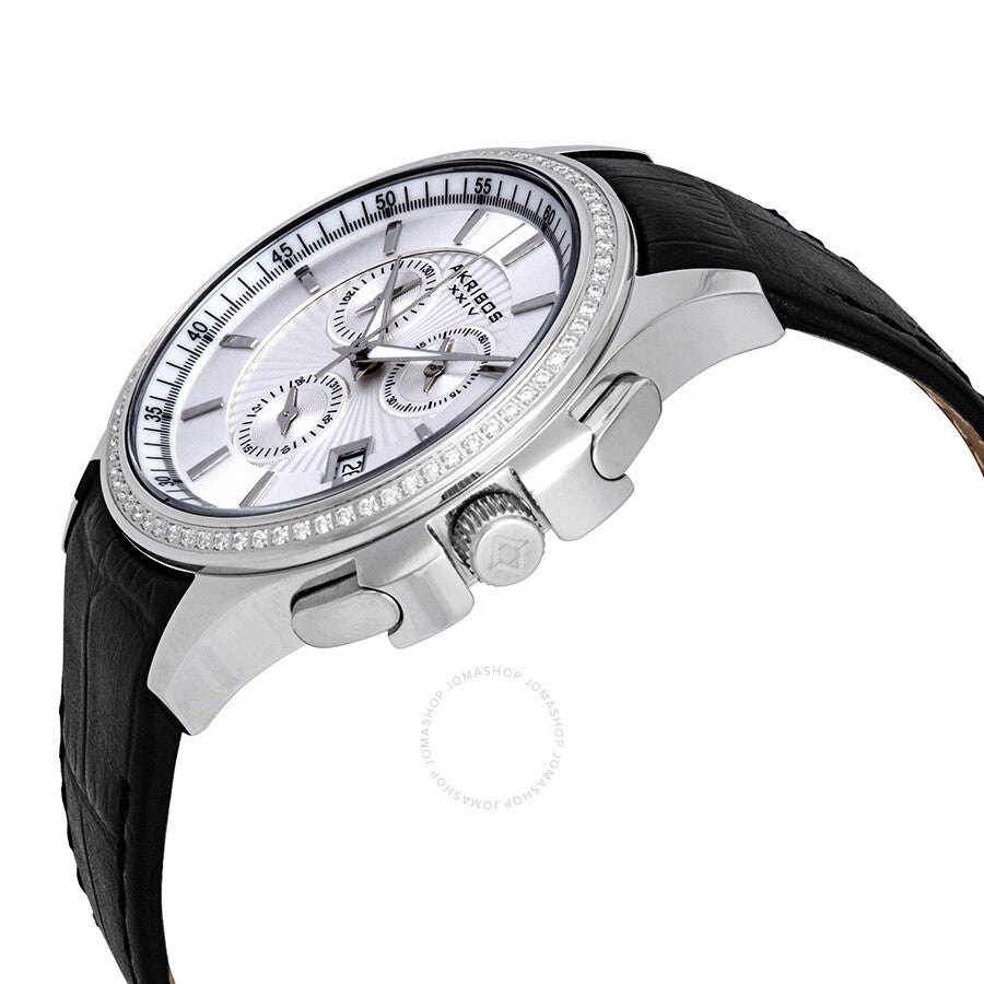 Akribos XXIV Grandiose Crystal Chronograph Steel Black Leather Men's Watch AK615SS