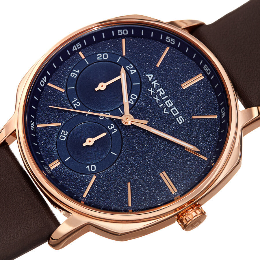 Reloj Akribos Xxiv de cuarzo con esfera azul y cuero marrón para hombre AK1022RGBR