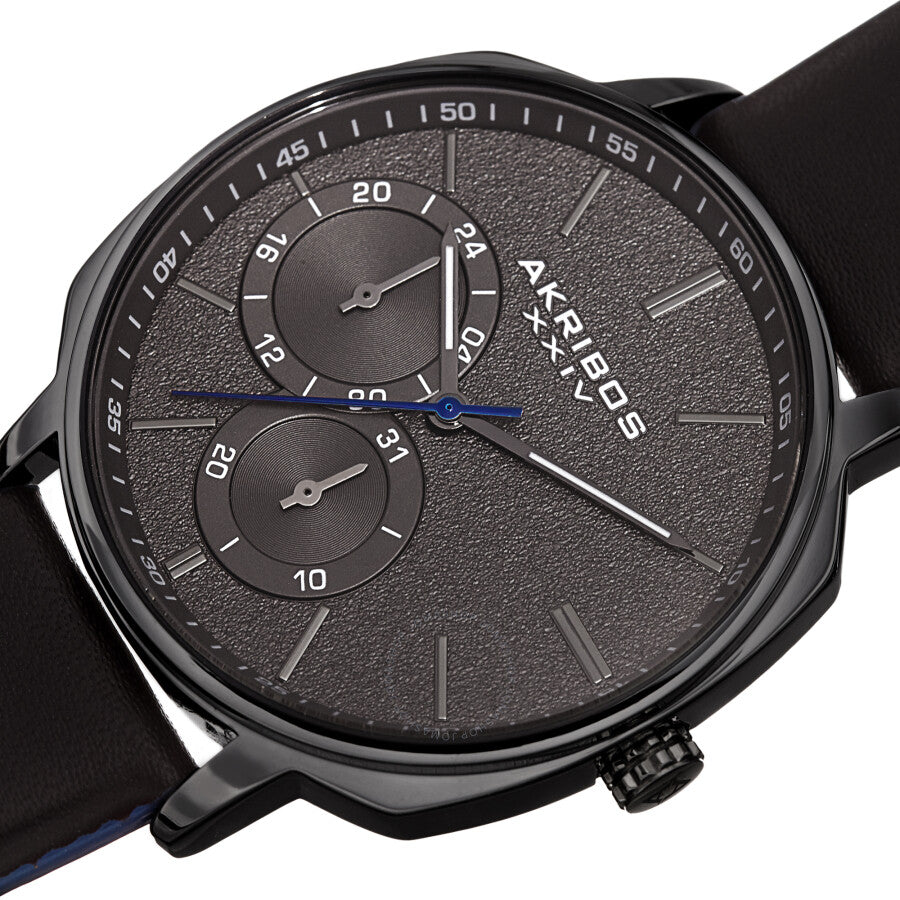 Akribos XXIV Quartz Grey Dial Black Leather Men's Watch AK1022BK