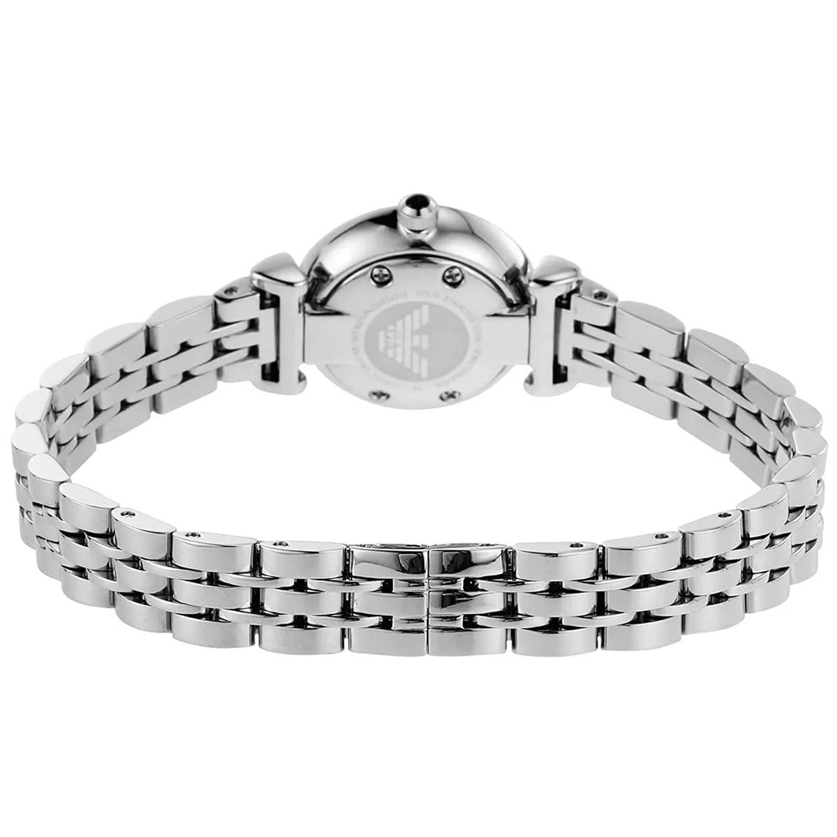 Top-down caseback view of Emporio Armani Gianni T-Bar Mini women's watch with metal bracelet