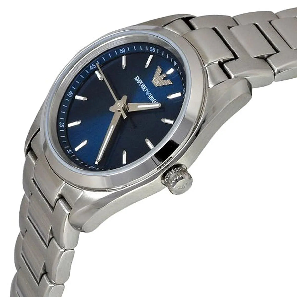 Emporio Armani Tazio Small angled view showing blue dial and silver metal bracelet detail