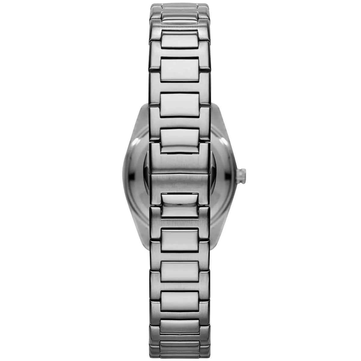 Emporio Armani Tazio Small caseback view showing silver metal bracelet from rear