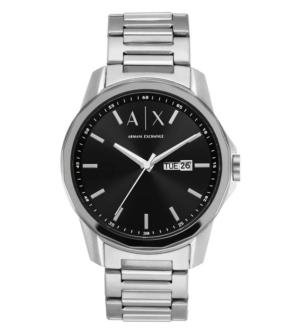 Armani Exchange Banks AX1733 watch with black dial, day-date window, silver stainless steel case and bracelet