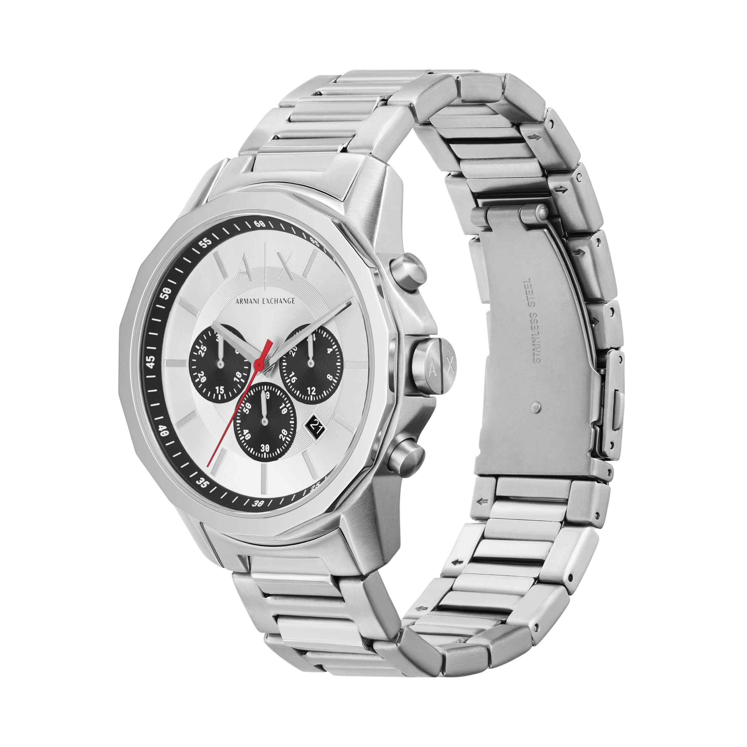 Armani Exchange Banks AX1742 three-quarter view showing silver bracelet and chronograph subdials