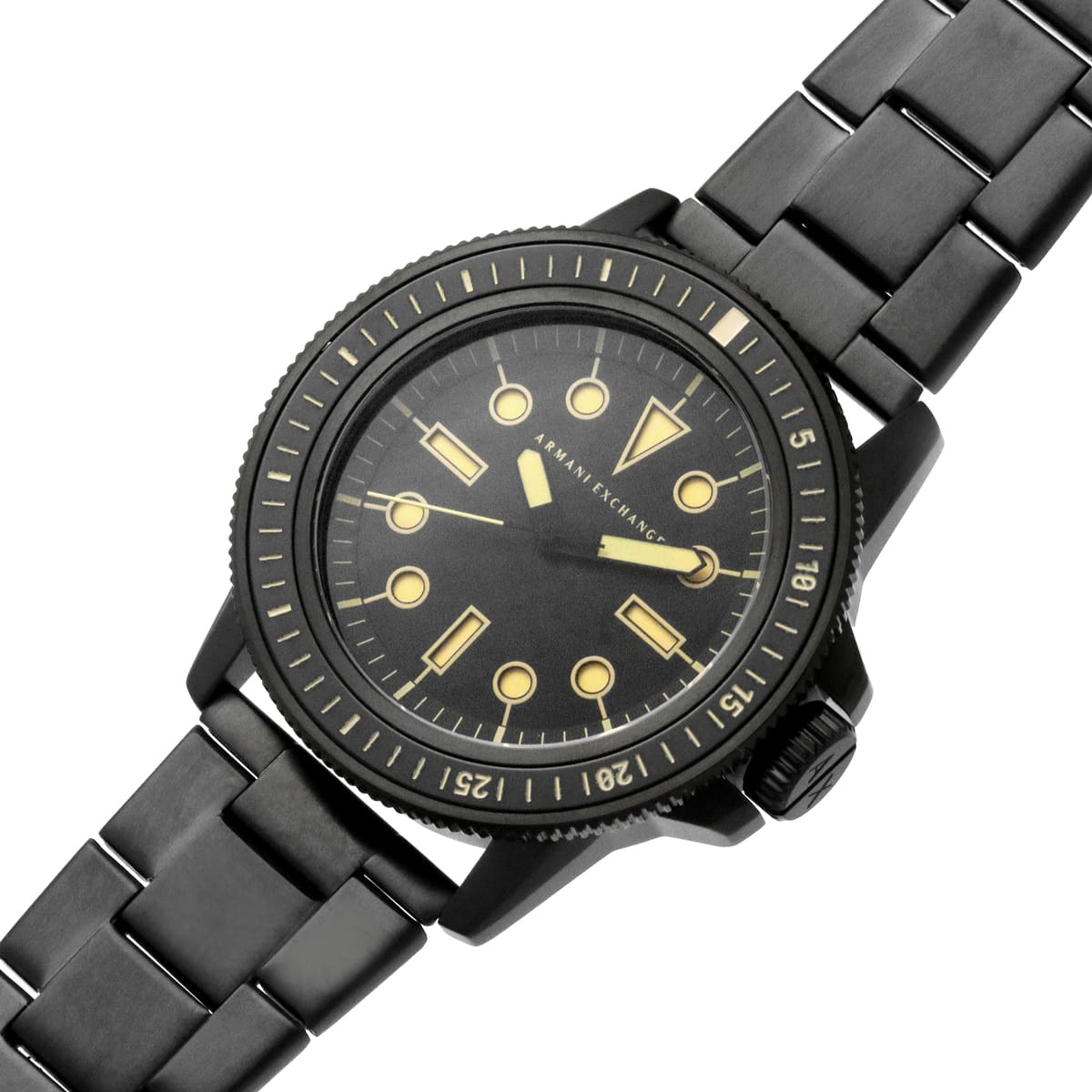 Armani Exchange Leonardo AX1855 angled view showing black stainless steel bracelet and bezel