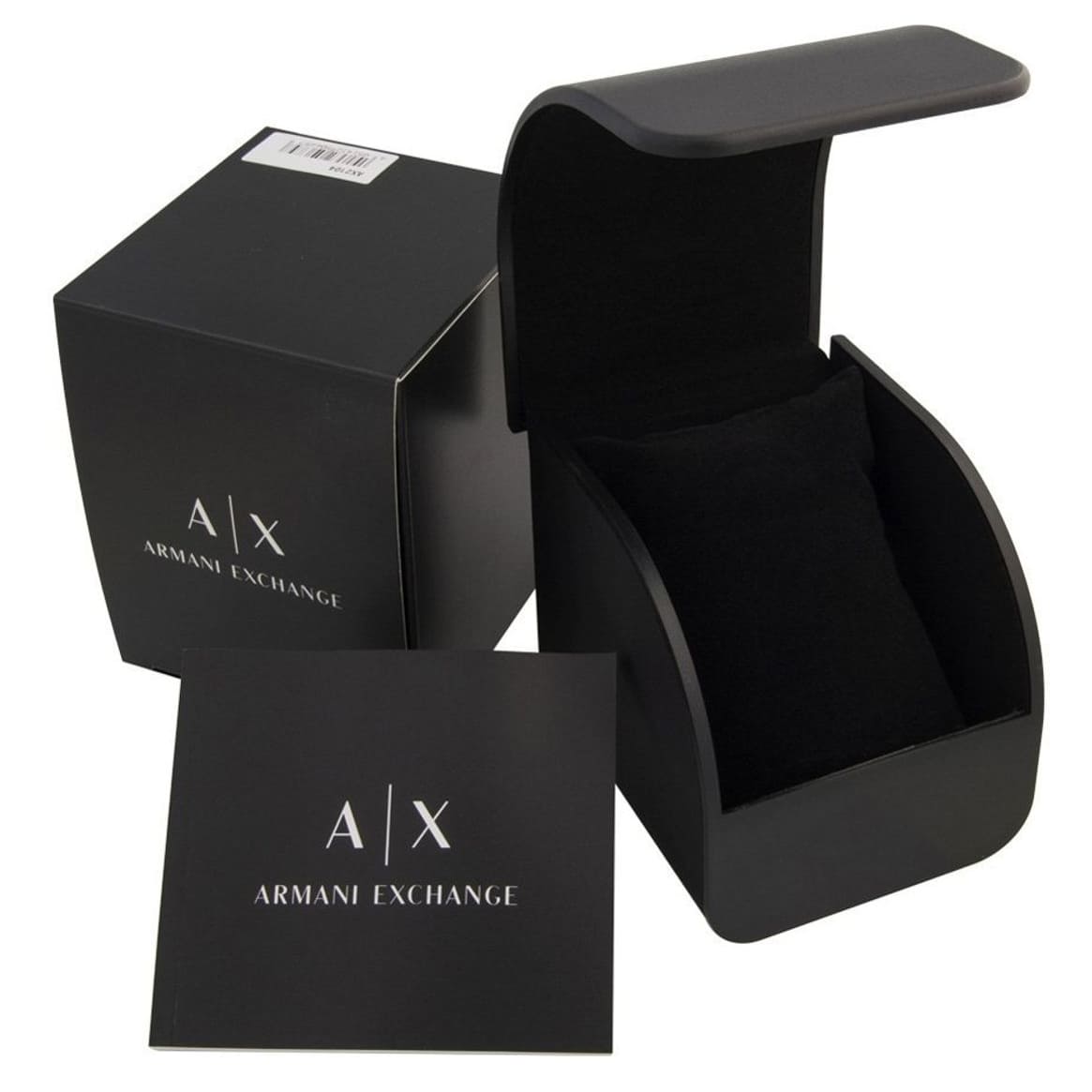 Armani Exchange Leonardo AX1858 watch packaging with black box, protective case, and documentation