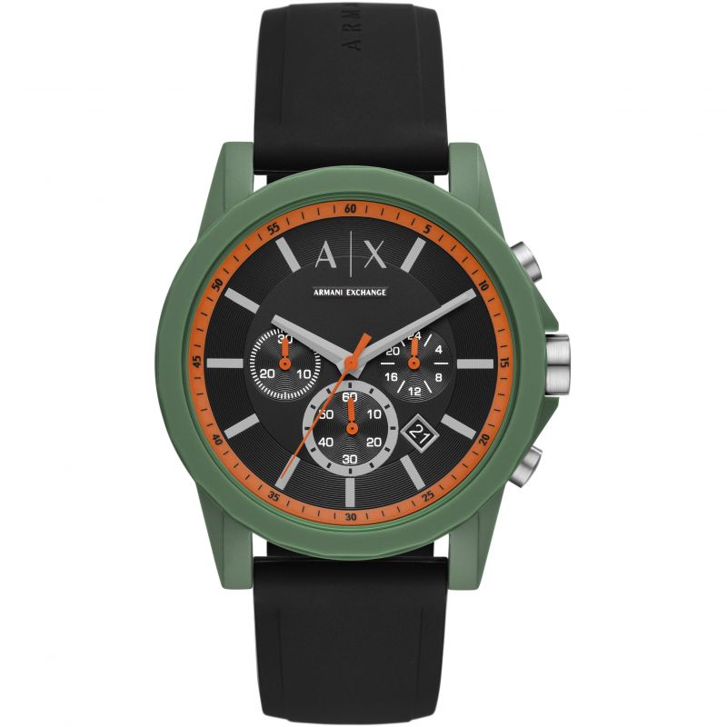 Armani Exchange Outerbanks green chronograph watch with black dial and orange accents