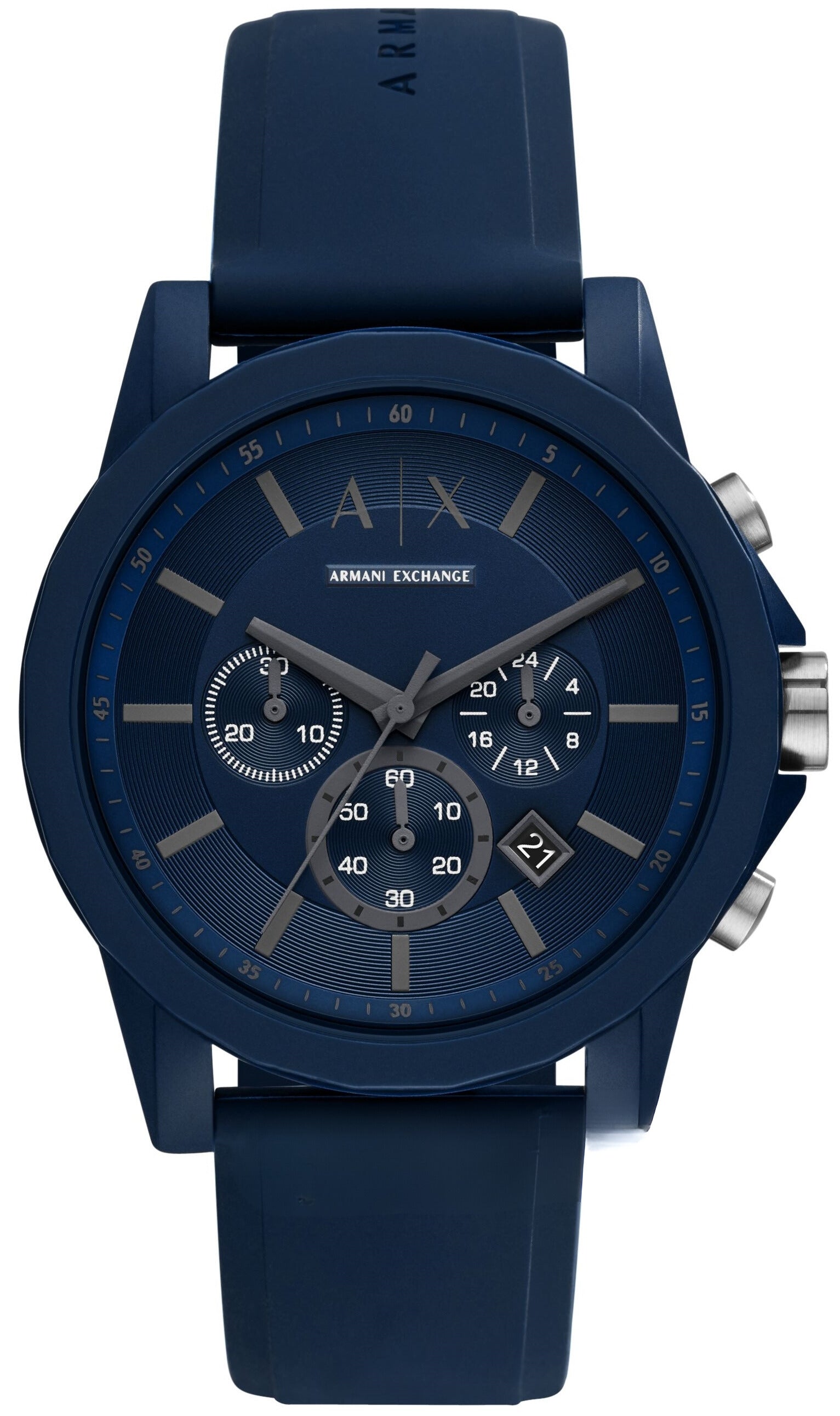 Armani Exchange Outerbanks blue chronograph watch with blue dial and silicone strap