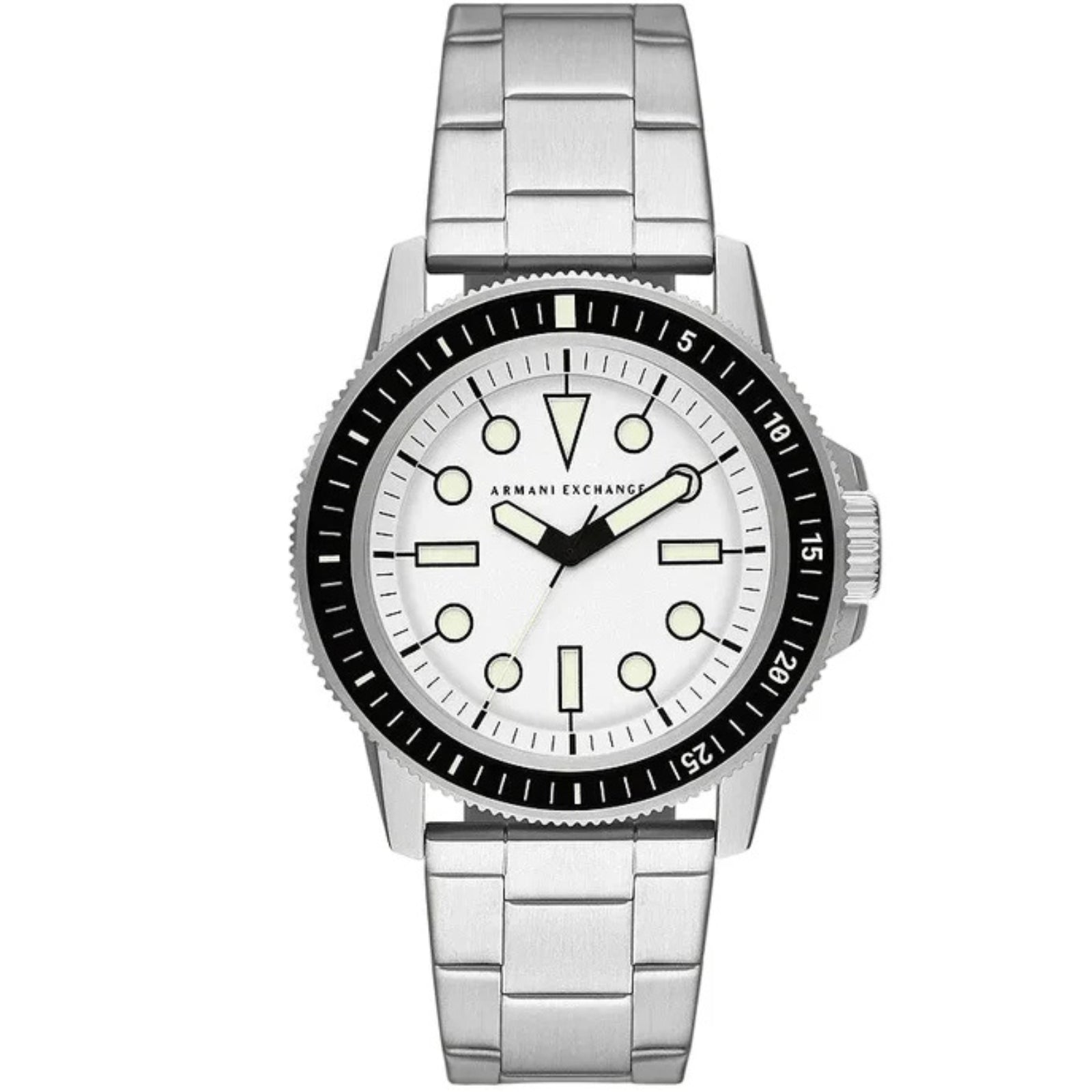 Armani Exchange Leonardo men's watch with white dial, black bezel, and silver steel bracelet