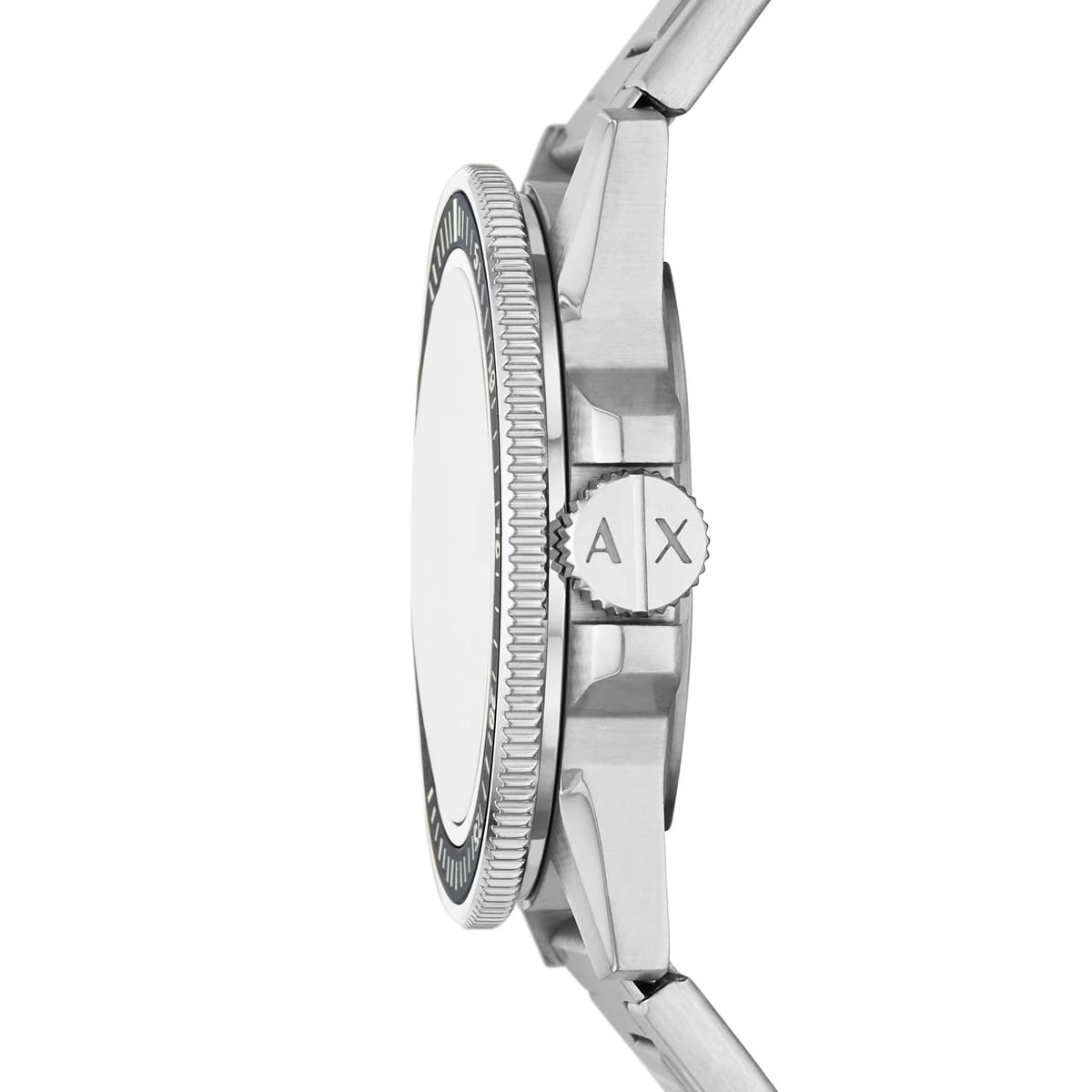 Side profile view of Armani Exchange Leonardo watch showing case depth and black bezel
