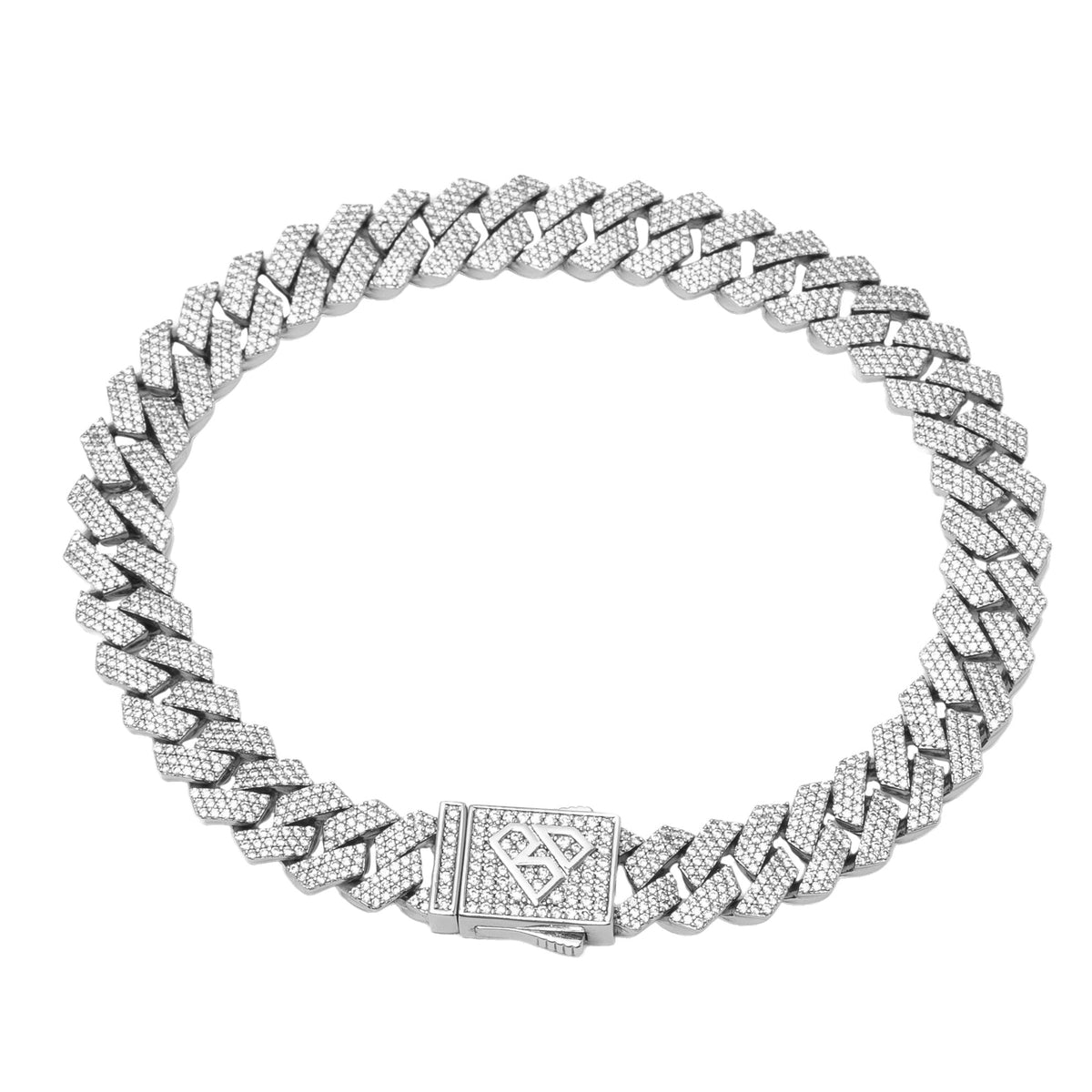 10MM Cuban CZ prong silver bracelet with iced-out links and pave setting