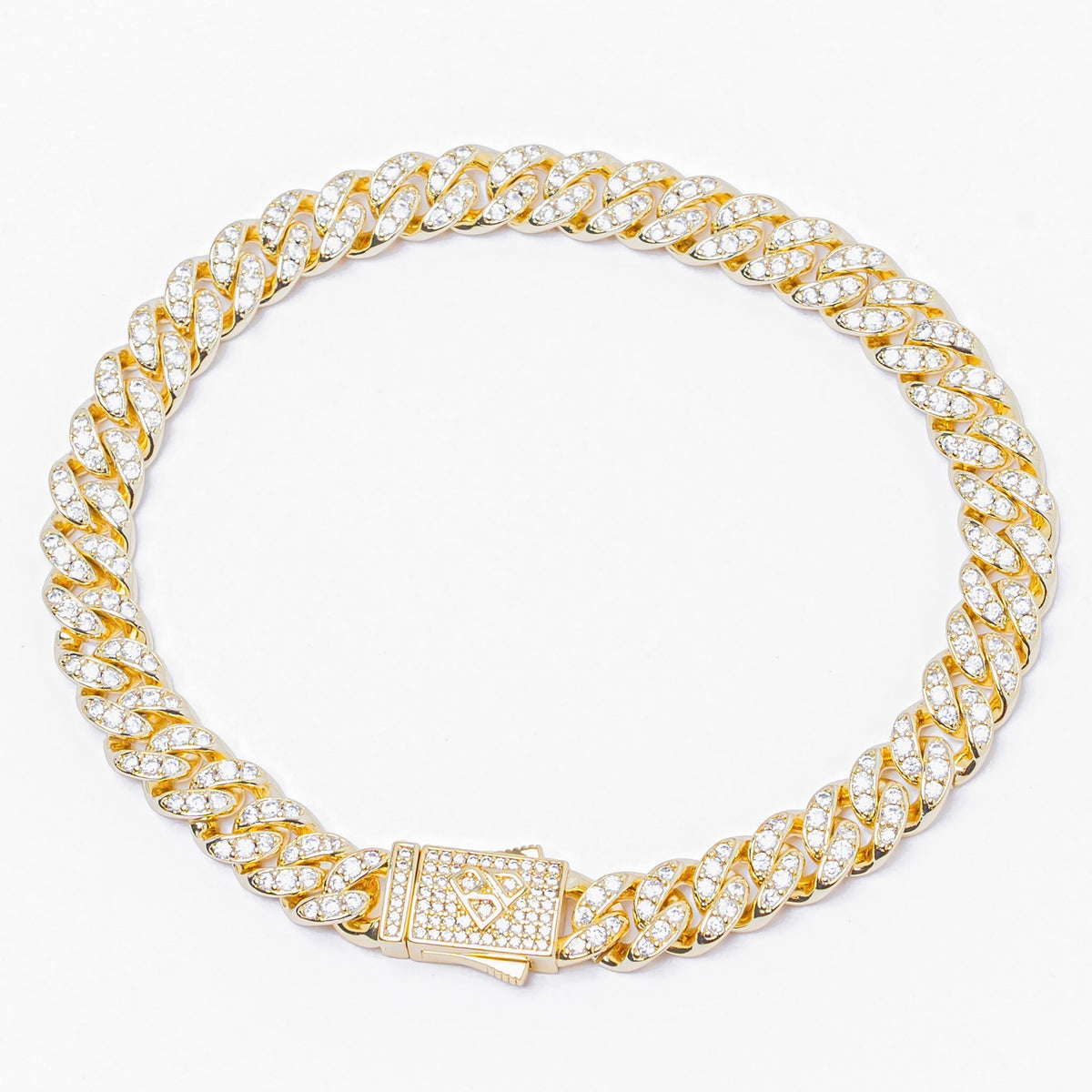 8MM iced out gold Cuban link bracelet with CZ-encrusted links and box clasp