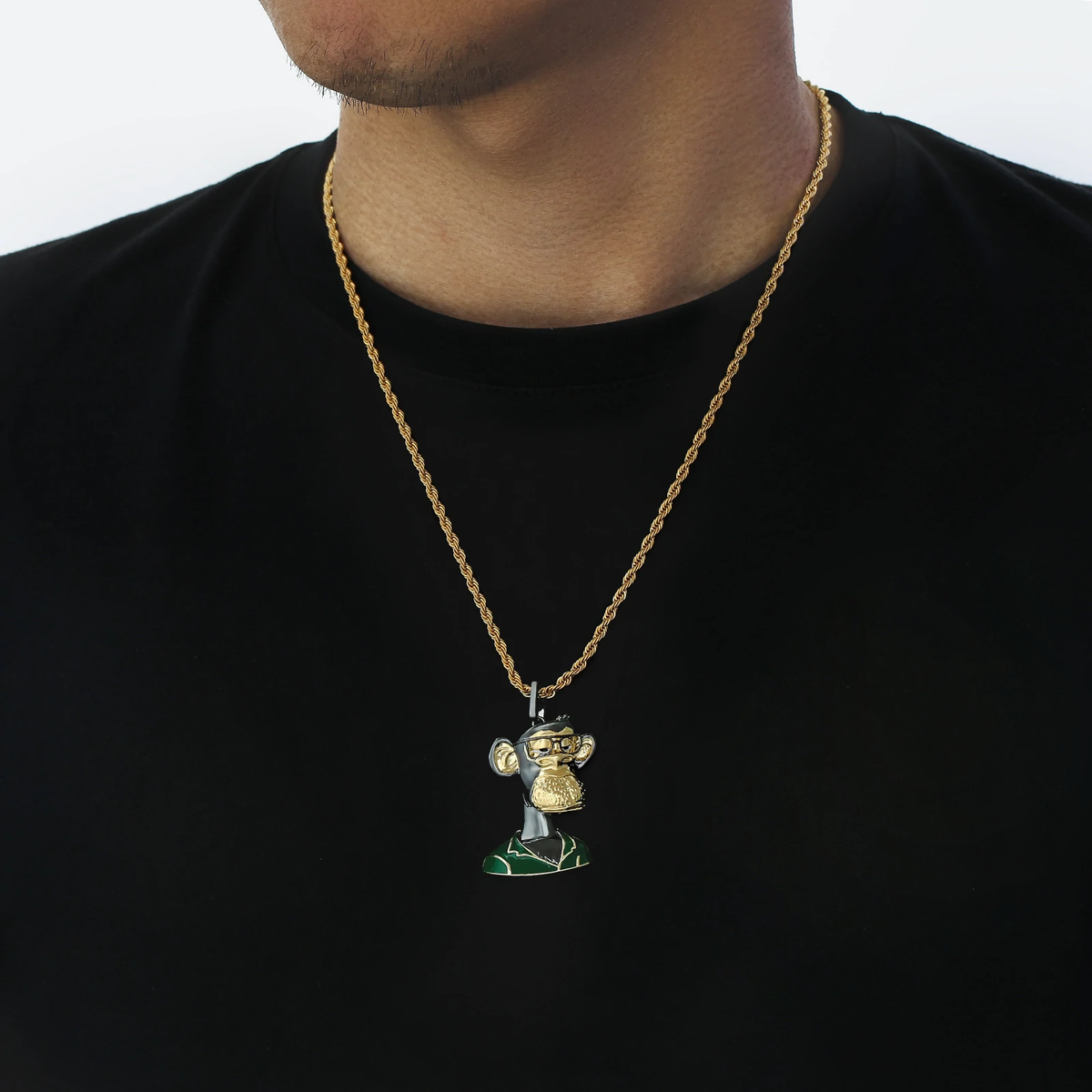 Big Daddy Bored Ape NFT Pendant #9 worn on gold chain necklace
