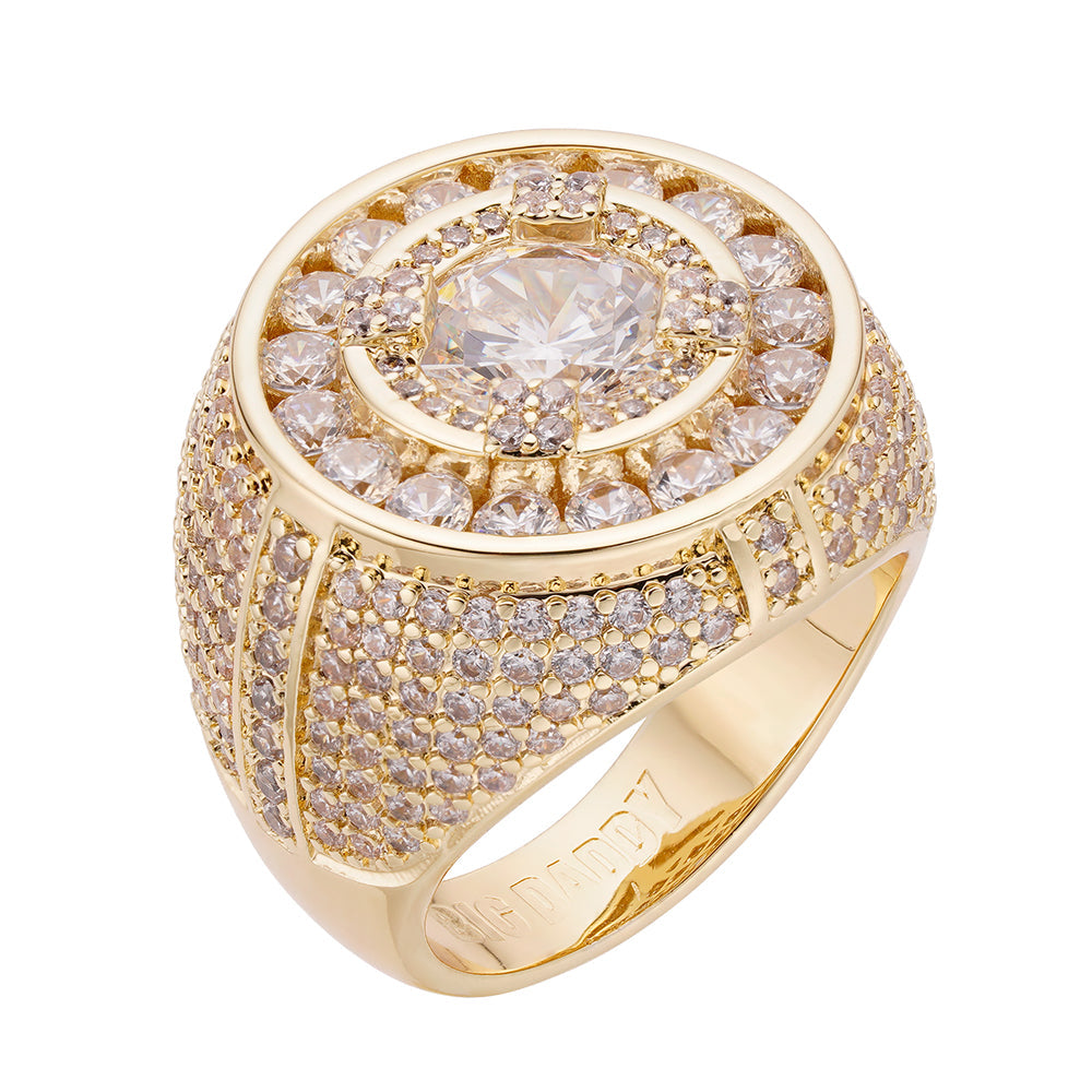 Gold-plated Big Daddy Crown ring with large center stone and pave CZ setting